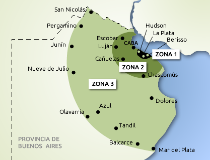 Mapa con zonas de envío dentro de la Provincia de Buenos Aires
